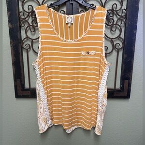Trueself sleeveless mustard/white striped paisley print top